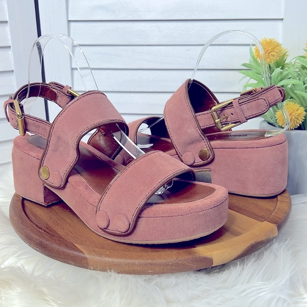 SEE BY CHLOE' l Pink Suede Galy Sandals Chunky Platform Summer Brass Hardware 39 - Picture 4 of 13